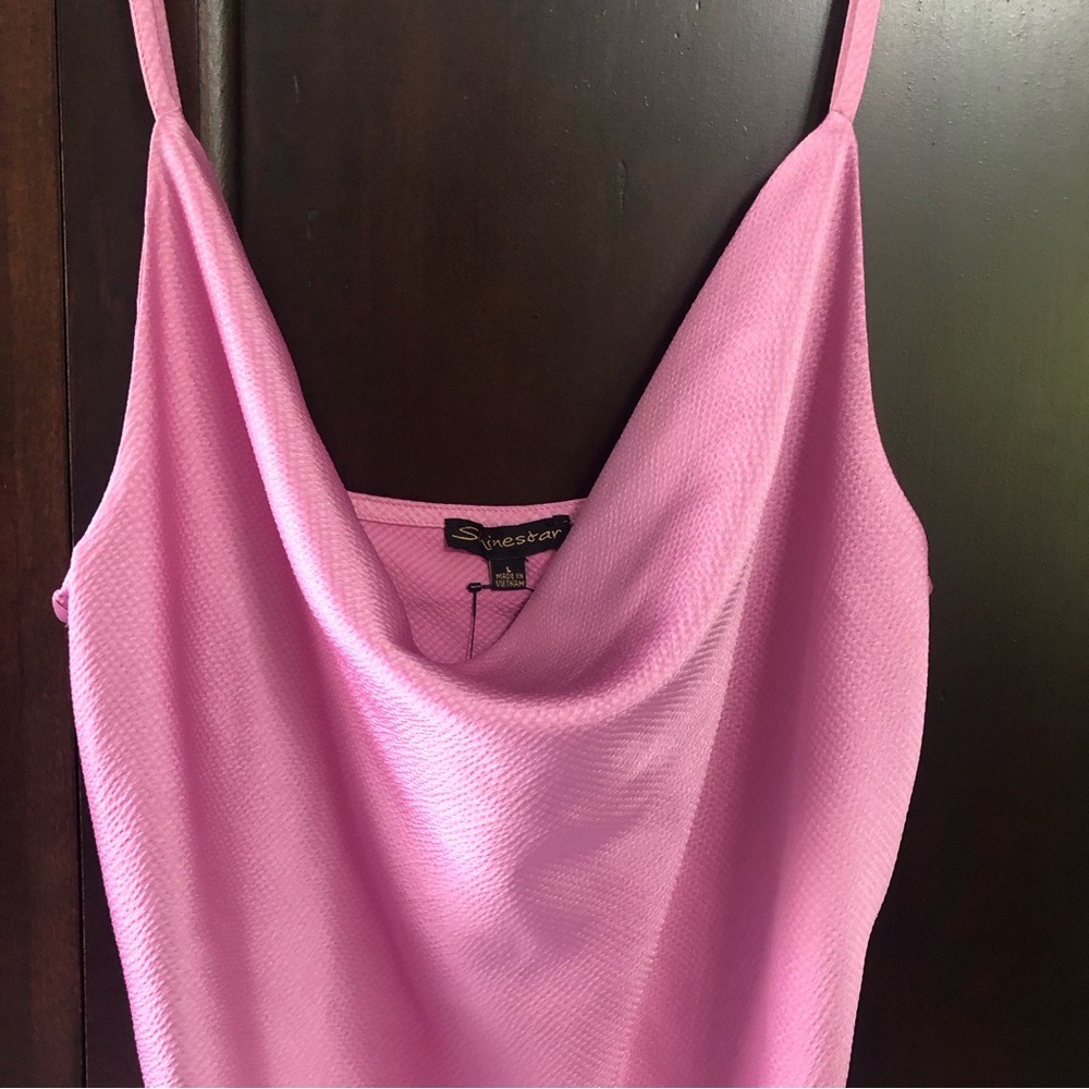 Pink cowl neck slip dress.